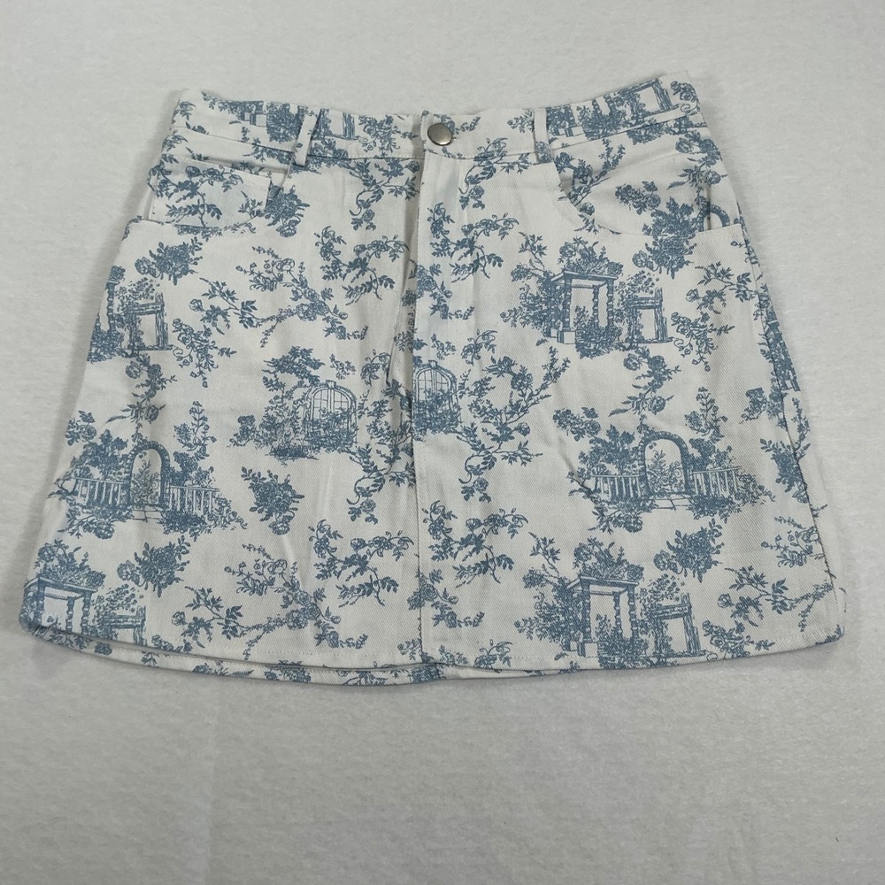 Storia Blue White Toile Denim Mini Skirt Floral Garden Print Size M NWT Repair
